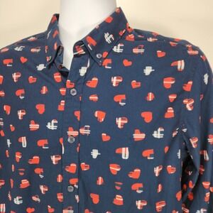 Denim & Flower Men's Blue Heart Pattern Valentines Long Sleeve Shirt Size M